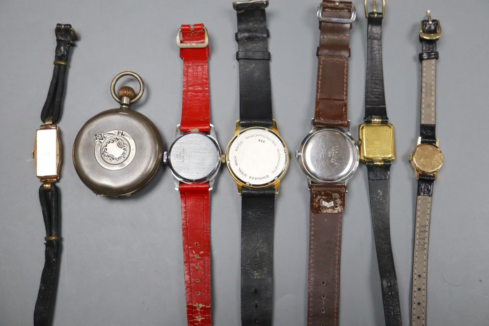 Assorted wrist watches including 9ct gold and a silver pocket watch.